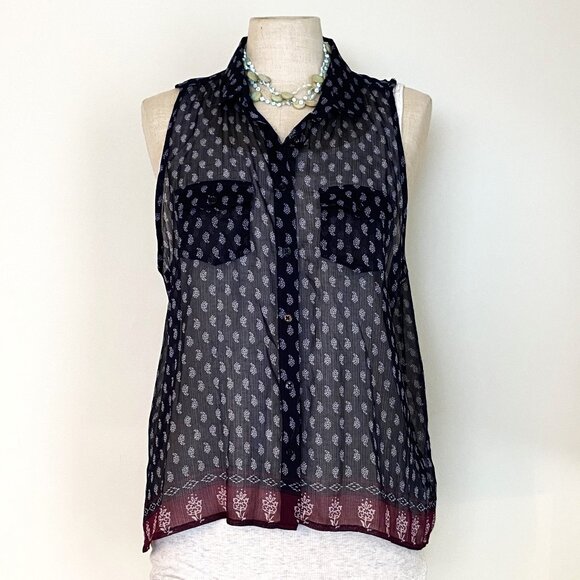 Forever 21 Blue With White Floral Sheer Sleeveless Blouse - Picture 1 of 6